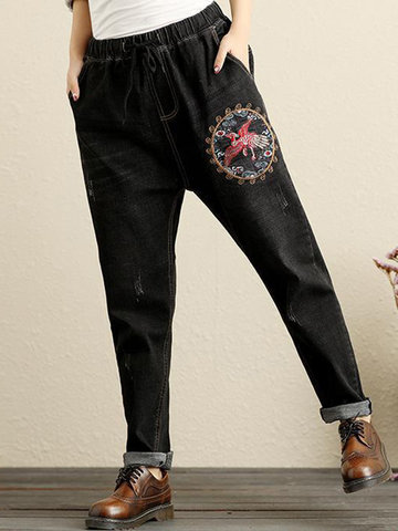 Vintage Denim Embroidery Women Harem Pants-Newchic-