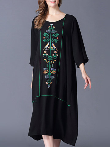 Vintage Embroidery 3/4 Sleeve Dress For Women-Newchic-
