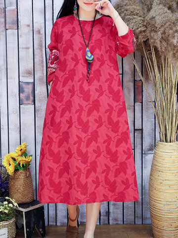 Vintage Embroidery Women O-neck Long Sleeve Dresses-Newchic-