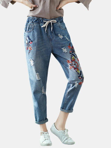 Vintage Embroidery Women Ripped Jeans-Newchic-