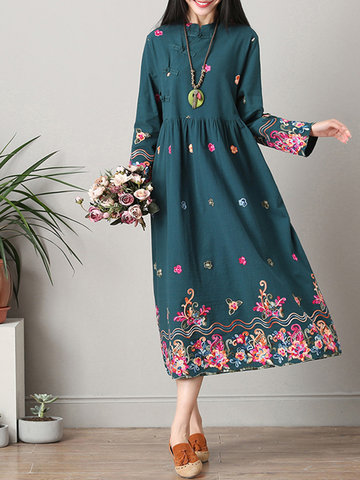 Vintage Ethnic Printed Frog Buttons Women Dresses-Newchic-