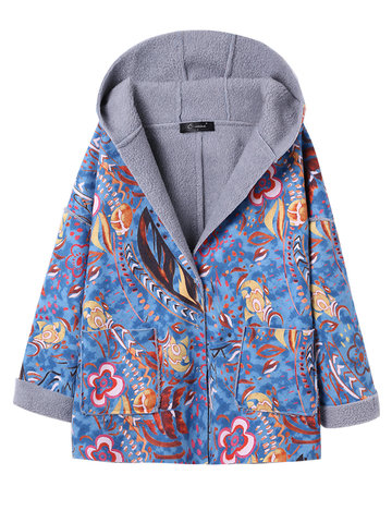 Vintage Fleece Printed Pocket Hooded Coat for Women-Newchic-