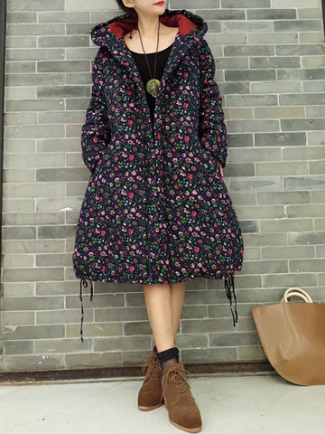 Vintage Floral Print Women Hooded Thicken Coats-Newchic-