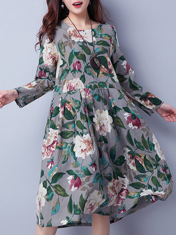 Vintage Floral Printed Cotton Dresses-Newchic-