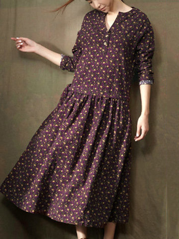 Vintage Floral Printed Elastic Waist Women Dresses-Newchic-