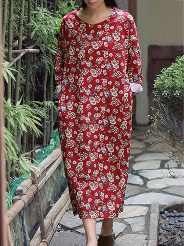 Vintage Floral Printed Linen Dress-Newchic-