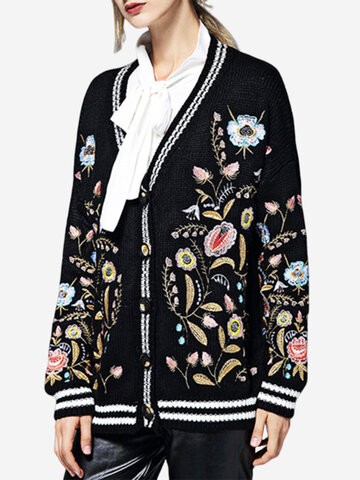 Vintage Flower Embroidery Women Front Closure Sweatwer Coats-Newchic-