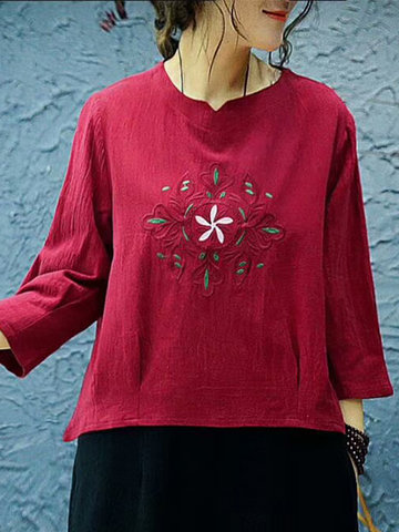 Vintage Loose Embroidery 3/4 Sleeve Women Blouses-Newchic-