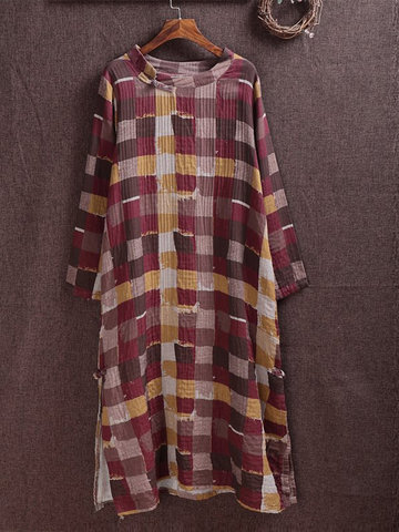 Vintage Plaid Long Sleeve O-neck Split Women Dresses-Newchic-