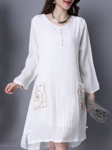 Vintage Pocket Embroidery Long Sleeves Dresses For Women-Newchic-