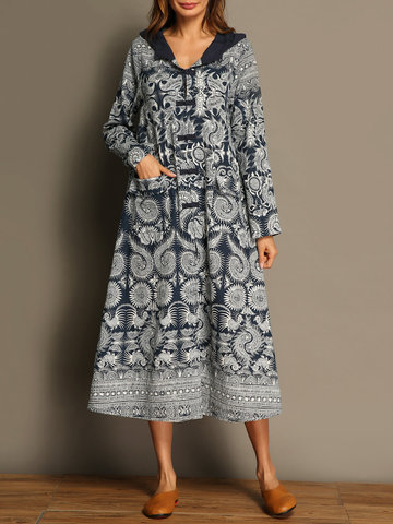 Vintage Print Hooded Women Dresses-Newchic-