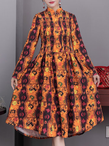 Vintage Printed Drawstring Dresses-Newchic-