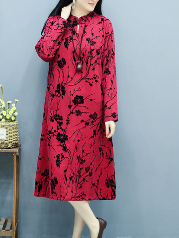 Vintage Printed Stand Collar Dresses-Newchic-