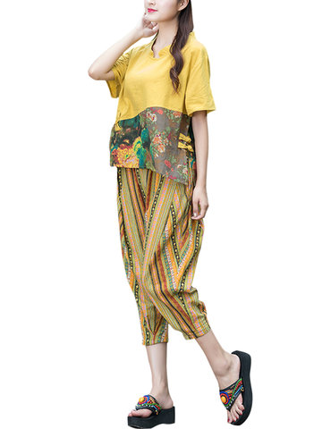 Vintage Printed Tops Striped Pants Women Casual Suits-Newchic-