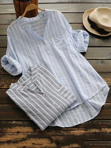 Vintage Stripe Long Sleeve Blouses-Newchic-