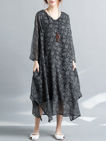 Vintage Women Ethnic Long Sleeve V Neck Dresses-Newchic-