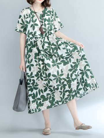Vintage Women Floral Printed High Waist Short Sleeve Maxi Dresses-Newchic-