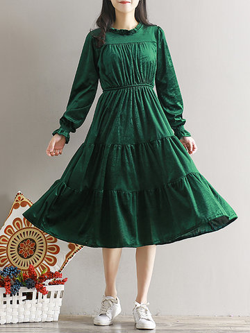 Vintage Women Long Sleeve Stand Collar Dresses-Newchic-