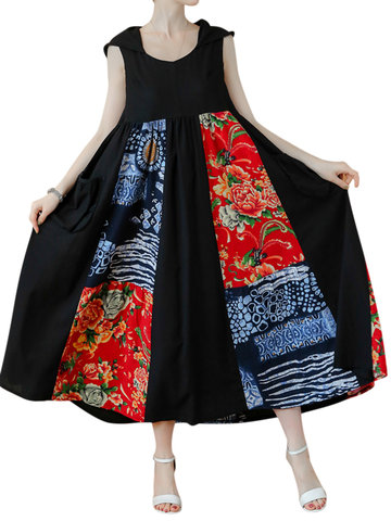 Vintage Women Patchwork Sleeveless Printed Hooded Maxi Dresses-Newchic-