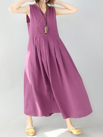 Vintage Women V-Neck Pure Color Long Maxi Vest Dresses-Newchic-