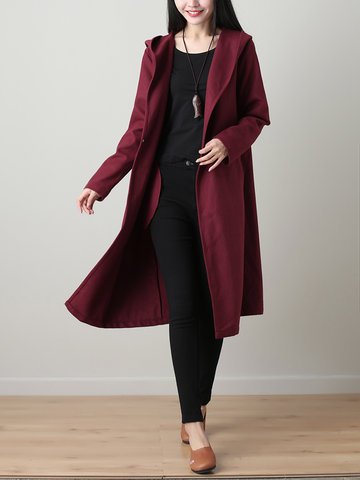 Women Elegant Solid Color Hooded Coats-Newchic-