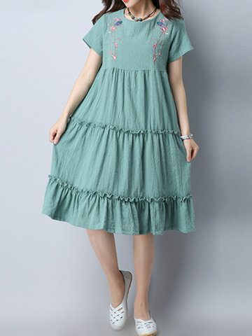 Women Embroidery Solid Color O-Neck Short Sleeve Pleated Dresses-Newchic-