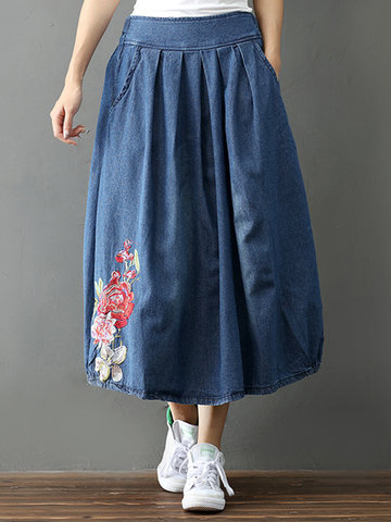 Women Flower Embroidery Denim Skirt-Newchic-