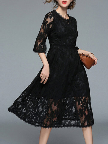 Women Solid Color Half Sleeve Elegant Lace Dresses-Newchic-