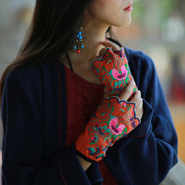 Women Vintage Ethnic Embroidery Fingerless Gloves-Newchic-