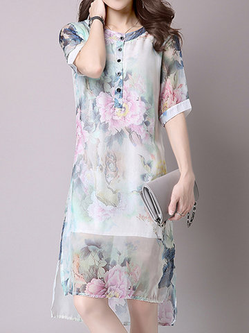 Women Vintage Floal Printed Fake Two Pieces Chiffon Dresses-Newchic-